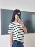歌米拉（Gemila）冰絲短袖T恤女圓領薄款彩虹條紋2025夏季寬松正肩天絲針織上衣 藍色條紋 XL 115-125斤左右 曬單實拍圖