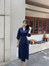香影掐腰襯衫連衣裙女2025秋季新款燈籠袖圍裹式藏青色v字翻領(lǐng)裙 藏青 S 曬單實(shí)拍圖