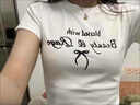 美式甜酷蝴蝶結正肩短袖T恤夏季新款辣妹修身顯瘦印花基礎上衣女 白色 M 曬單實(shí)拍圖