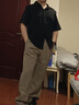 聲猴短袖T恤男高級(jí)垂感冰絲夏季半袖上衣韓版潮流男士T恤休閑套裝衣服 卡其色襯衫+西褲【兩件套】 XL （115-130斤） 曬單實(shí)拍圖