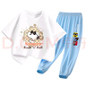 史努比（SNOOPY）童裝兒童短袖套裝男女童純棉t恤防蚊褲 白色格子+藍色努比  120 曬單實(shí)拍圖