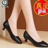 啄木鳥(niǎo)品牌真皮低跟單鞋女2025新款細(xì)跟軟底工作皮鞋職業(yè)圓頭高跟鞋 米白色-3厘米 36 曬單實(shí)拍圖