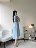 熙世界sllsky藍(lán)色亞麻連衣裙女2025夏季新款氣質(zhì)優(yōu)雅收腰圓領(lǐng)泡泡袖裙子 鹽水藍(lán) L 曬單實拍圖