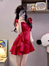 FOX.G新品連衣裙紅色裙子女夏季2025年新款衣服女裝夏裝小個子氣質(zhì)女裙 復(fù)古蕩領(lǐng)系帶荷葉邊紅裙 L 曬單實拍圖
