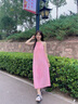 豬小耙（ZHUXIAOPA）多巴胺粉色暈染吊帶連衣裙女夏季顯瘦氣質(zhì)大擺裙沙灘長(zhǎng)裙 粉色 S 曬單實(shí)拍圖