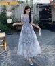 妙奕嘉法式碎花連衣裙女2025夏季新款溫柔風(fēng)裙子純欲長裙顯瘦海邊沙灘裙 方領(lǐng)收腰木耳邊長裙【水墨藍(lán)】 XL 曬單實(shí)拍圖