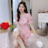 蔻伊婭（Kouyiya）高端品牌女裝新品復古粉色收腰連衣裙女裝氣質(zhì)名媛修身v領(lǐng)雪紡裙 粉紅色 S 曬單實(shí)拍圖