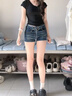 美式復(fù)古低腰豐胯牛仔短褲女2025夏季新款彈力百搭a字包臀熱褲子 藍(lán)色 M 曬單實(shí)拍圖