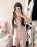 鉑吶苓睡衣 夏季薄款短袖褲兩件套女甜美卡通可愛(ài)可外穿大碼寬松家居服 睡衣短套裝【粉色小貓】L 曬單實(shí)拍圖