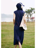 德瑪納【克萊因藍(lán)】夏季美式時(shí)髦連帽撞色t恤裙舒適藏肉后開(kāi)叉女連衣裙 曬單實(shí)拍圖