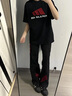 卡圖弛紅黑撞色拼接微喇牛仔褲男夏季潮流高街設(shè)計感美式工裝直筒長褲子 黑色 XL 曬單實(shí)拍圖