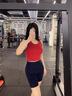 COZOK高強度運動(dòng)內衣女固定杯跑步防震遮副乳健身訓練文胸背心瑜伽套裝 火焰紅(美背)+深藍(五分褲)-美高 M 【適合90-110斤】 曬單實(shí)拍圖