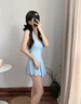 JIOESC泳衣女泡溫泉2026新款大碼高級性感顯瘦遮肉連體保守裙式沙灘裝QC 藍色掛脖泳衣 均碼 【90-150斤】 曬單實(shí)拍圖