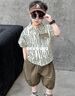 G.duck童裝男童套裝夏季新款兒童衣服夏天中小童條紋襯衫短袖夏裝服裝 咖色襯衫三件套 130 【建議6-7歲】 曬單實(shí)拍圖