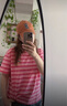S·J·V·K大碼純棉刺繡條紋短袖t恤女夏季微胖mm顯瘦甜辣體恤減齡時(shí)尚上衣 粉條紋 L （適合100-120斤） 曬單實(shí)拍圖