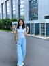 DGOV藍色波點寬松褲女夏季2025新款高腰垂感小個子休閑奶芙闊腿褲 藍色小個子  薄款 S 建議80-95斤 曬單實拍圖