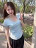 NOME正肩V領短袖t恤女夏季新款褶皺齊腰修身半袖 藍色  XL  曬單實拍圖
