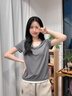 仙妮可然帶胸墊睡衣女短袖T恤優(yōu)可絲夏季薄款上衣免胸罩一體式青中年家居 冷煙灰 (優(yōu)可絲面料) L (建議100-115斤) 曬單實(shí)拍圖