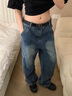 楠笙記彎刀牛仔褲男士款夏季新款美式復(fù)古解構(gòu)設(shè)計感寬松直筒闊腿長褲子 深藍色 XL 曬單實拍圖