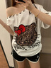 LDBE豹紋Kitty貓刺繡綁帶斜肩短袖T恤女夏季寬松美式辣妹顯瘦露肩上衣 白色 S 【80-100斤】 曬單實(shí)拍圖