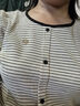 德瑪納【撞色條紋彈力針織條紋女式t恤】春秋圓領(lǐng)泡泡袖t恤女 杏色 M  曬單實(shí)拍圖