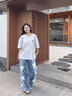 美式高街五角星涂鴉牛仔褲男女夏季新款街頭寬松直筒闊腿拖地長褲 藍色 【高品質(zhì)牛仔布】 L （關(guān)注優(yōu)先發(fā)貨） 曬單實拍圖