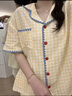 麓格立睡衣女款夏季短袖薄款可外穿2025新款高級感簡約黃格子家居服套裝 藍邊黃格子睡衣 L 曬單實拍圖