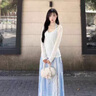 衣然呈品清純系穿搭半身裙女夏季獨特絕美蕾絲拼接格子小眾ins百搭長(cháng)裙女 藍色 M 【建議95-110斤】 曬單實(shí)拍圖