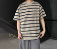 FOX.G男士短袖t恤男條紋寬松衣服男裝夏季2025新款男生半袖百搭情侶裝 卡其色圓領(lǐng)細(xì)條紋撞色T恤 L 【建議120斤以內(nèi)】 曬單實(shí)拍圖