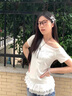 多菲尼森斜領(lǐng)蕾絲花邊拼接短袖T恤女2025年夏季新款修身蝴蝶結(jié)設(shè)計感上衣 蕾絲拼接短袖M 曬單實拍圖