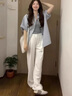 鹿依檸休閑褲女裝夏季2025新款韓系時(shí)尚百搭慵懶風(fēng)防曬襯衫顯瘦闊腿褲子 藍(lán)色襯衫+白色褲子 M 曬單實(shí)拍圖