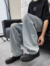 QGF美式冰絲垂感牛仔褲男女學生情侶夏季薄款直筒拖地褲高街潮流褲子 黃泥色 XL 【建議130-145斤】 曬單實拍圖