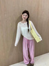 小野七天休閑褲女直筒褲夏季胖妹妹闊腿格子褲2025年新款純欲甜妹寬松顯瘦 粉色格子 M [90-110斤] 曬單實(shí)拍圖
