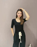 NOME白色t恤女中袖圓領夏季莫代爾打底衫修身純色七分袖上衣 黑色 XL 曬單實拍圖