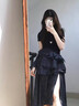 與欣裙子女夏季2025新款韓系藍(lán)色連衣裙高級(jí)感格紋拼接收腰開叉蛋糕裙 藍(lán)色 均碼 曬單實(shí)拍圖