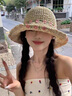 迪淑琪草帽女沙灘大檐帽俏皮淑女風(fēng)蕾絲蝴蝶結波浪邊夏天海邊度假遮陽(yáng)帽 米色-粉花 M（56-58cm） 曬單實(shí)拍圖