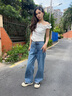 izzue IT復(fù)古水洗高腰牛仔褲女夏季潮流顯瘦寬松闊腿褲子 曬單實(shí)拍圖