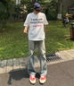 卡圖弛閃電竹節(jié)紋微喇牛仔褲男夏季寬松潮流直筒美式高街vibe工裝長(zhǎng)褲子 藍(lán)色 XL 曬單實(shí)拍圖