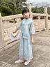 哈羅小黃鴨HAL.DUCK改良古風(fēng)套裝女童漢服夏季新中式大童夏裝連衣裙公主女孩國風(fēng)旗袍 蘭色中袖套裝 120 cm 曬單實(shí)拍圖