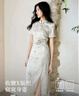 秋水伊人H型圓領(lǐng)印花腰身活褶連衣裙2025夏新款女休閑國風(fēng)中長裙 綠色 M 曬單實(shí)拍圖