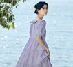 茵曼（INMAN）七七同款連衣裙2025夏女裝新款田園純棉提花方領A字泡泡袖蛋糕裙 紫色 L 曬單實拍圖