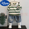 迪士尼（Disney）男童條紋短袖套裝夏季薄款兒童裝2025新款寶寶夏裝薄款polo衫衣服 綠色【套裝】 90 曬單實(shí)拍圖