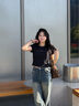 Calvin KleinJeans25春夏女士休閑印花ck辣妹正肩修身針織短袖T恤47AB817 UB1-太空黑 M 曬單實(shí)拍圖