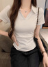 嫻柔短袖T恤女2025年夏季polo領(lǐng)翻領(lǐng)上衣短款褶皺收腰修身休閑設(shè)計感 白色【側(cè)邊褶皺】 L 曬單實拍圖