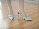 爾山集高跟鞋女涼鞋一字帶春夏季職場(chǎng)工作鞋成年禮不累腳細跟尖頭單鞋 銀色 7cm 36 曬單實(shí)拍圖