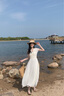 Mandy Zhang法式淡人系白色V領(lǐng)扭結短袖連衣裙女夏輕紗禮服長(cháng)裙子 香草米白 S 曬單實(shí)拍圖
