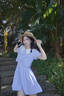 紫涵（ZIHAN）紫涵假兩件撞色翻領(lǐng)連衣裙女2025夏季新款甜美單排扣短袖a字短裙 藍條 S 曬單實拍圖