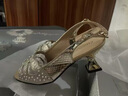啄木鳥(niǎo)真皮魚(yú)嘴單鞋中高跟涼鞋女夏粗跟2025新款鏤空后空女鞋水鉆涼鞋 金色 37 曬單實(shí)拍圖