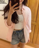 慵懶風(fēng)長袖防曬襯衫女夏秋季韓系寬松疊穿感上衣百搭休閑襯衣外套 粉色 M 建議90-105斤 曬單實(shí)拍圖
