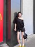 ICH MODE美式復(fù)古漏肩短袖T恤女2025年夏新款寬松設(shè)計(jì)感斜肩上衣男 黑色 M 曬單實(shí)拍圖